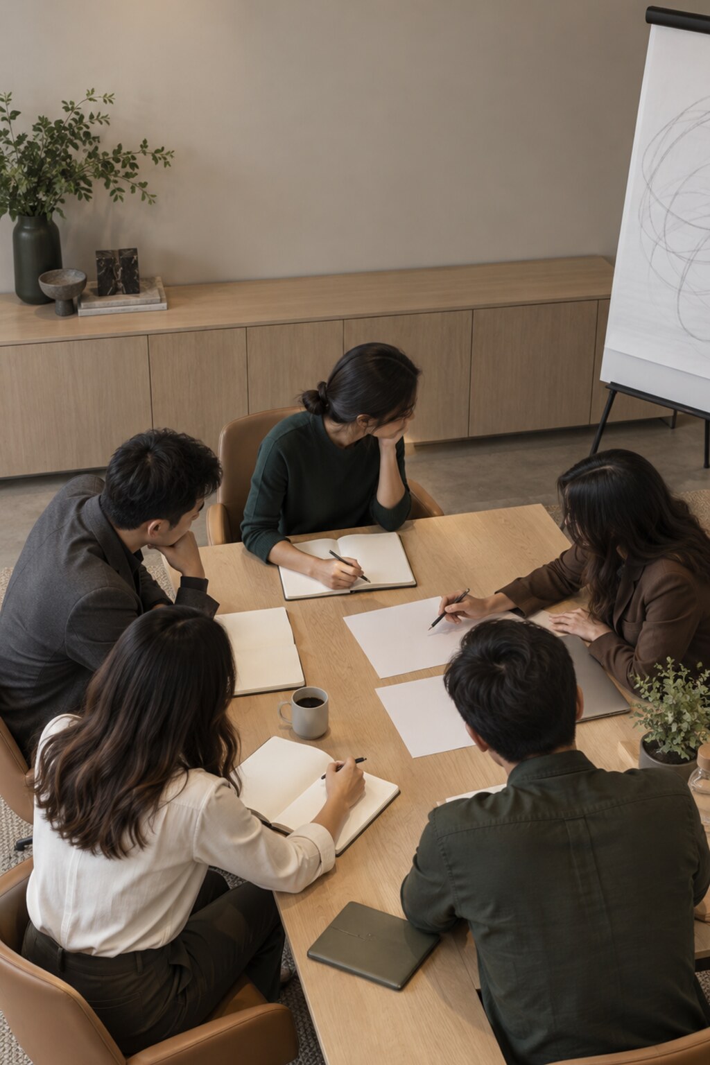 Illustrative leadership-team workshop around a table